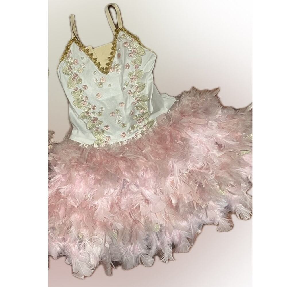 pink white gold ballet feather tutu costume dress see measurement